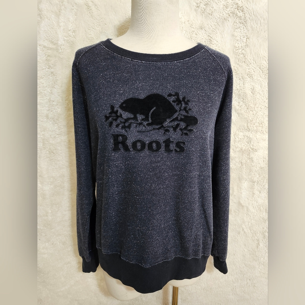 Roots Canada Crewneck Sweatshirt Women's Large Black Pepper Pullover Logo Casual